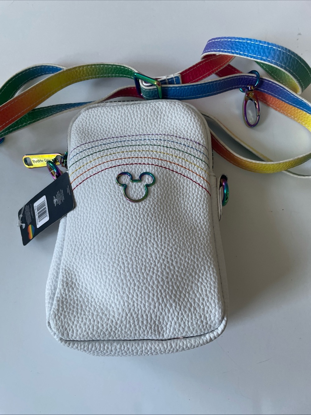 Disney White Pebbled Crossbody with Rainbow Strap